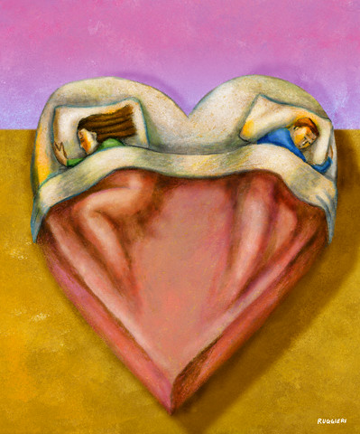 Couple sleeping on opposite sides of a heart shaped bed